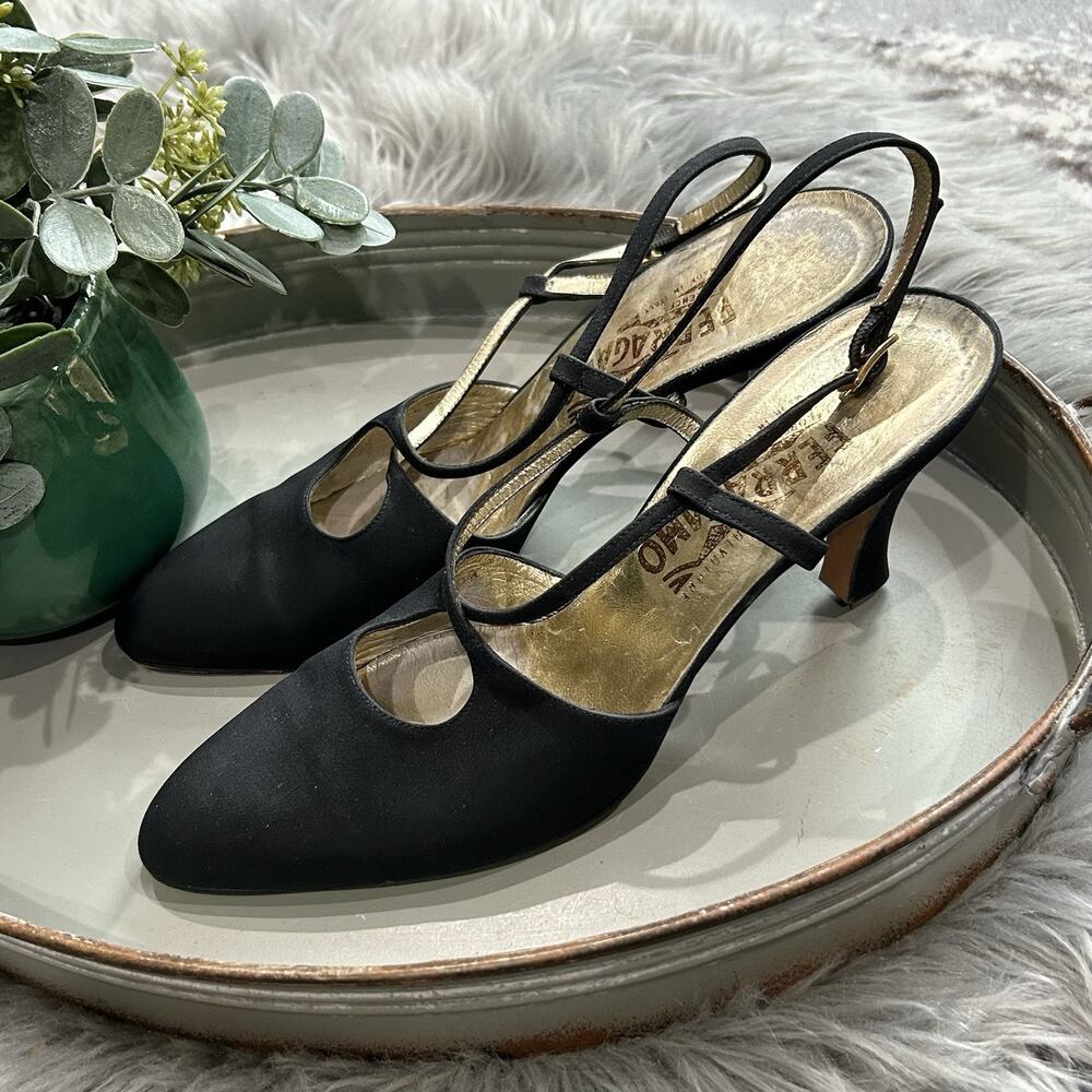 VTG Salvatore Ferragamo Women's Black Nylon Strappy Heels Size 8.5 Made In Italy